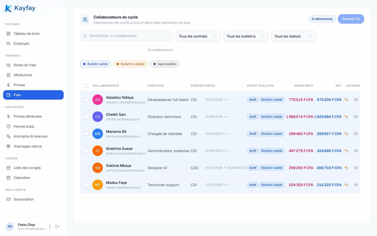 Cycle de paie KayFay avec bulletins validés